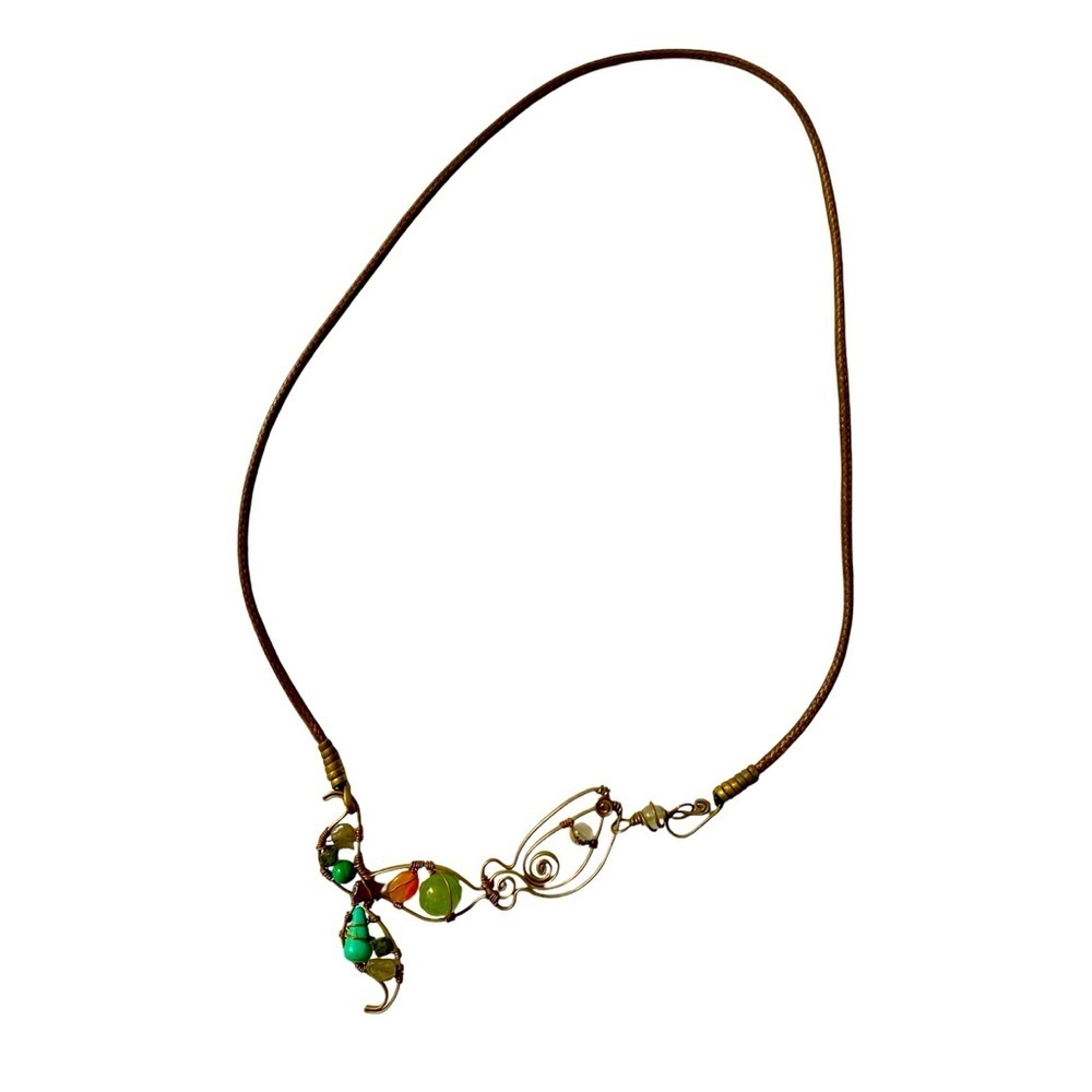 Artisan Mermaid Wire Crystal Necklace Handmade Leather Cord Glass Beads Beachy